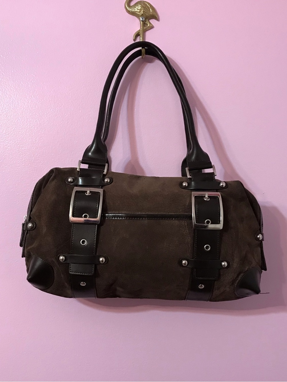 Y2K Wilsons Leather Maxima Suede Leather Satchel Handbag Purse Brown Buckle Zip
